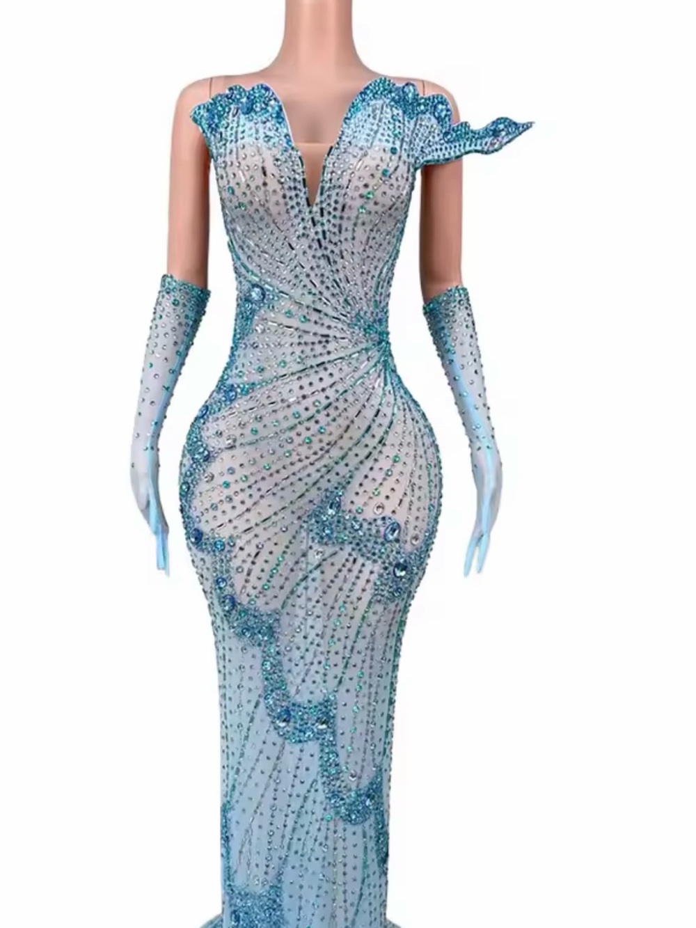 Crystal-Embellished Turquoise Evening Gown